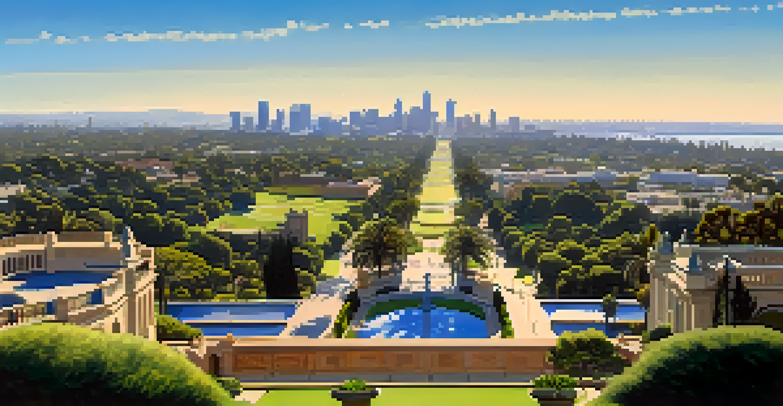 A scenic view from the California Tower, highlighting the greenery of Balboa Park and the skyline of San Diego in daylight.