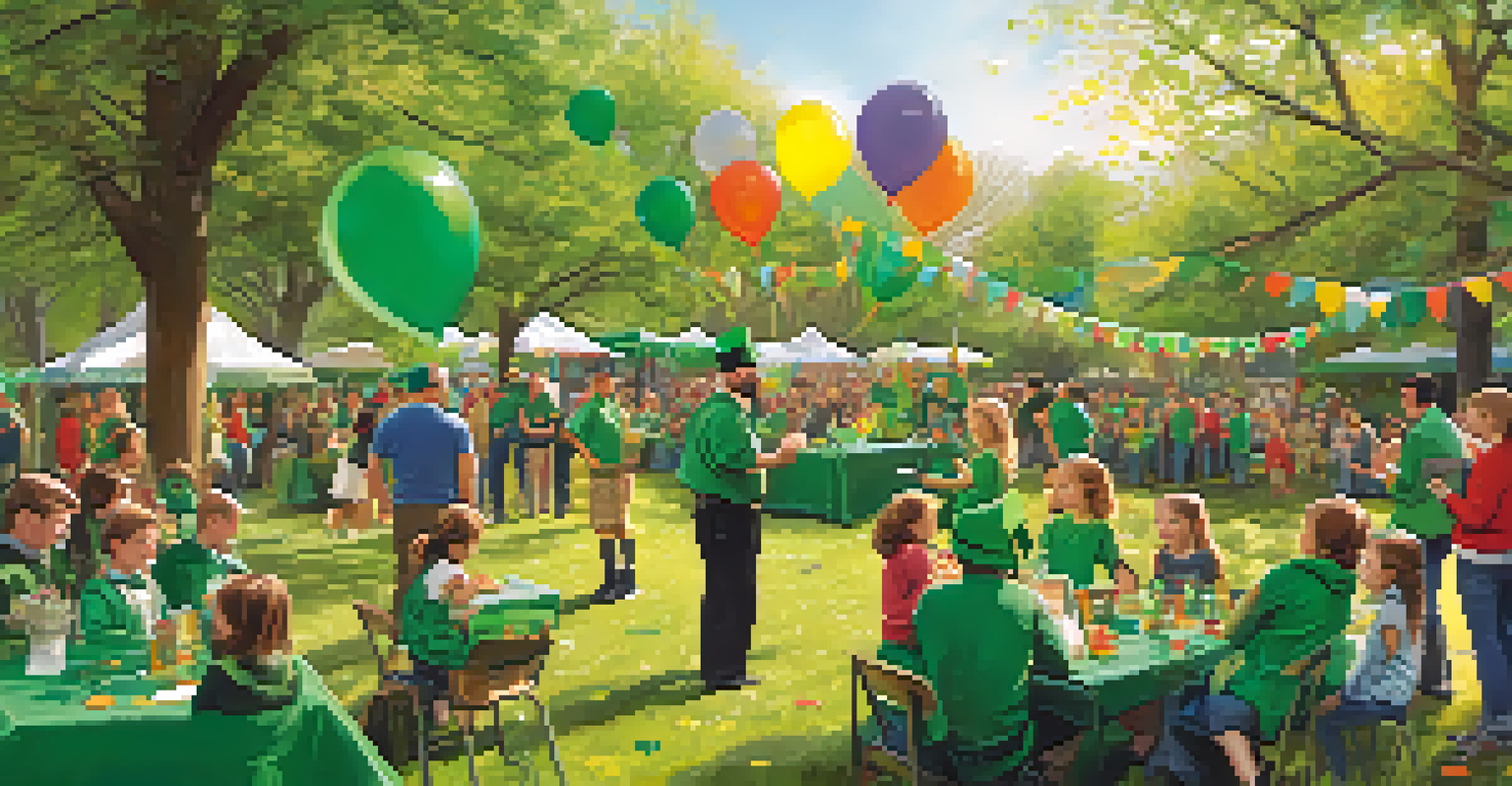 Families enjoying St. Patrick's Day activities in a park with children engaged in crafts and games.