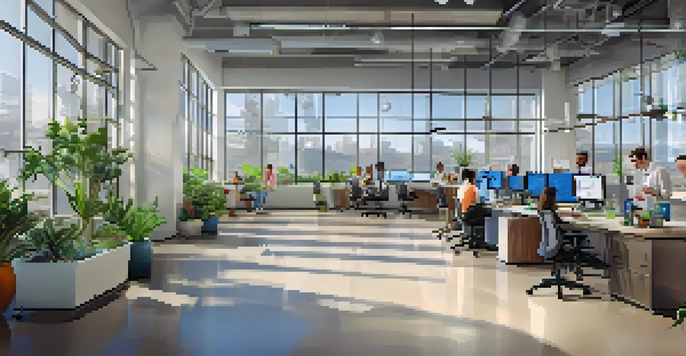 A vibrant biotech startup office in San Diego with diverse teams working together, filled with natural light and high-tech equipment.
