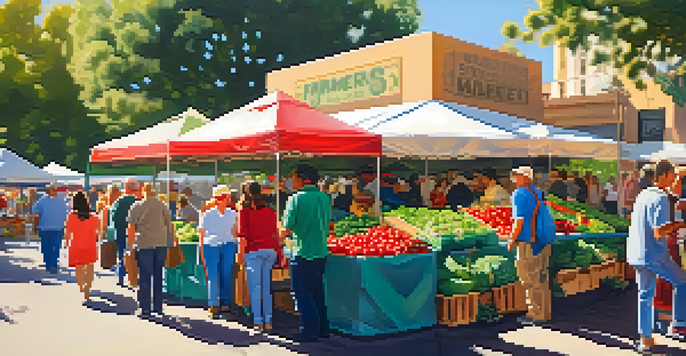 A bustling farmers market in San Diego with colorful stalls of fresh fruits and vegetables, sunny atmosphere, and shoppers interacting with vendors.