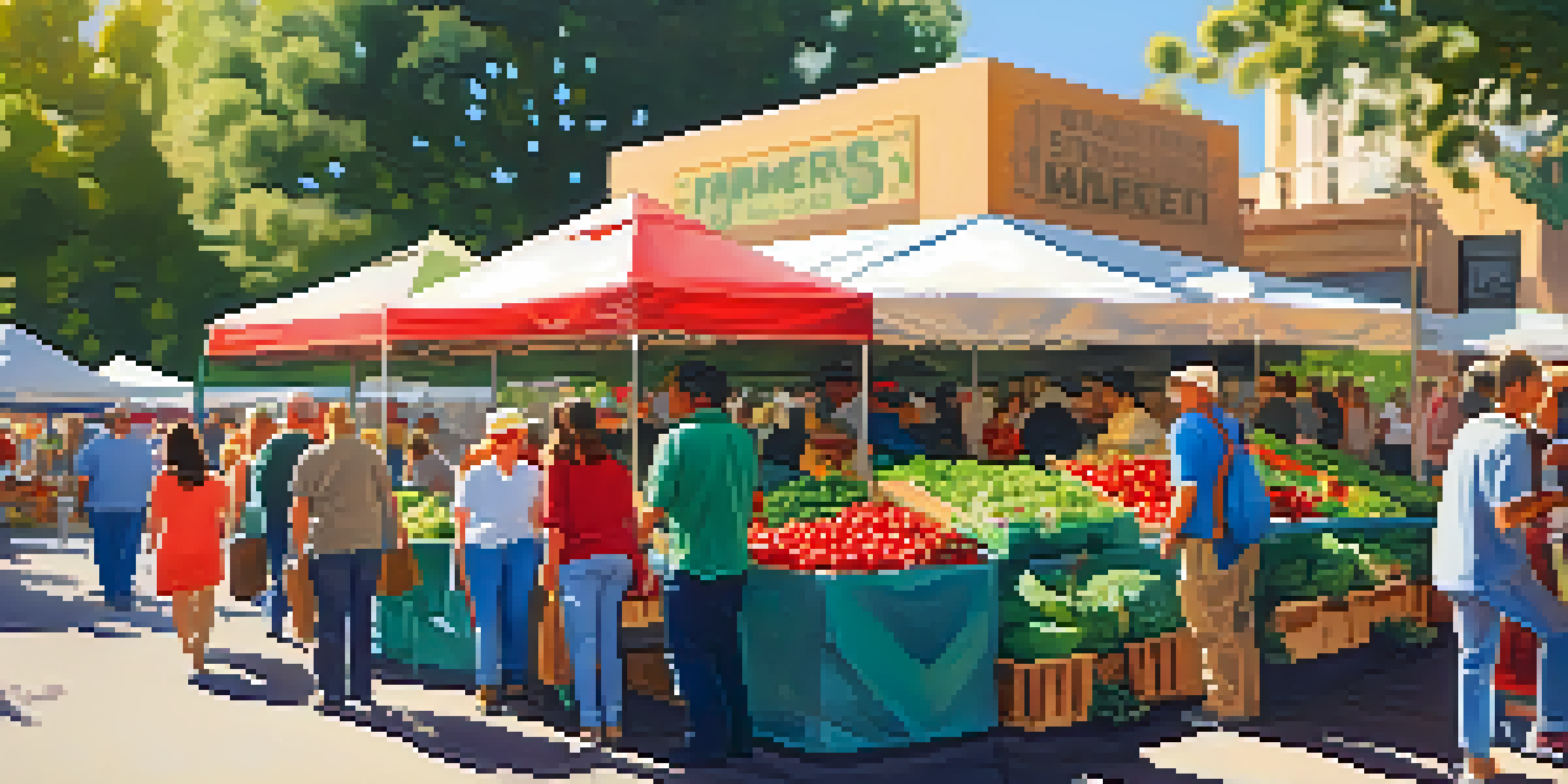 A bustling farmers market in San Diego with colorful stalls of fresh fruits and vegetables, sunny atmosphere, and shoppers interacting with vendors.