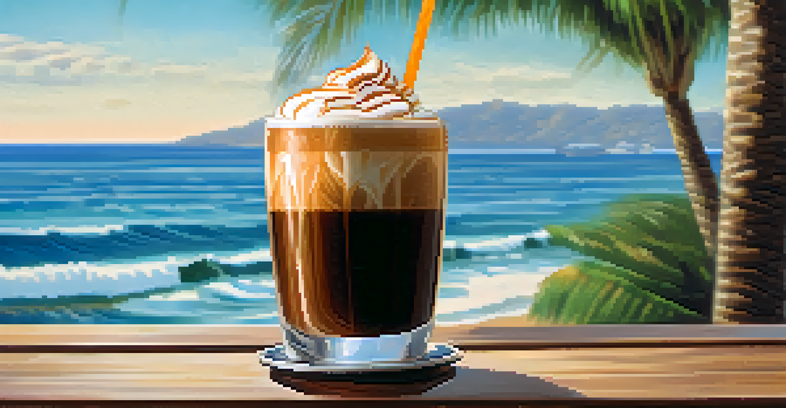 A clear glass of nitro cold brew coffee with a creamy top, set against a beautiful coastal view with palm trees and ocean waves.