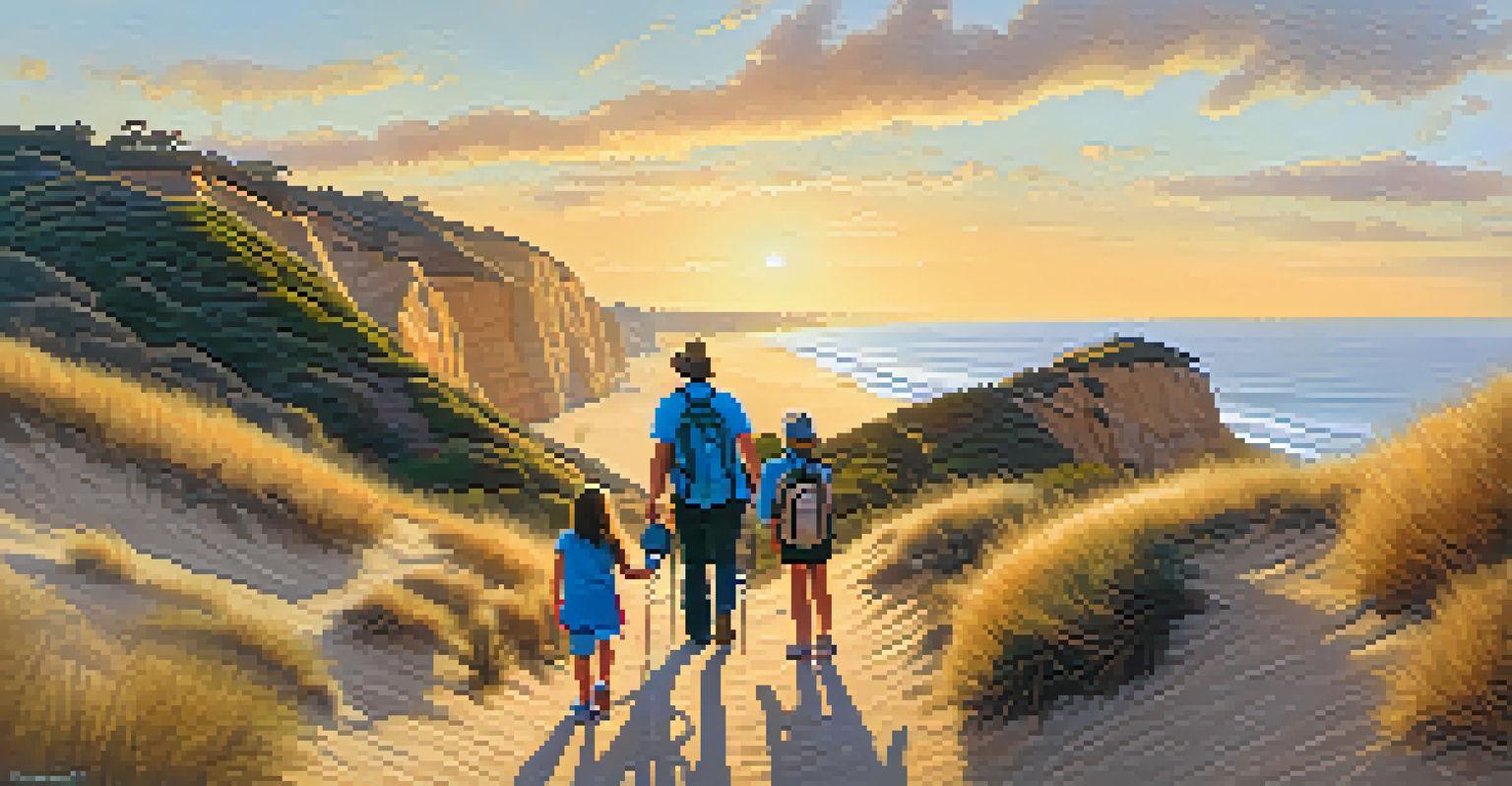 A family hiking on a scenic trail with cliffs and dunes in the background, children excitedly observing nature.
