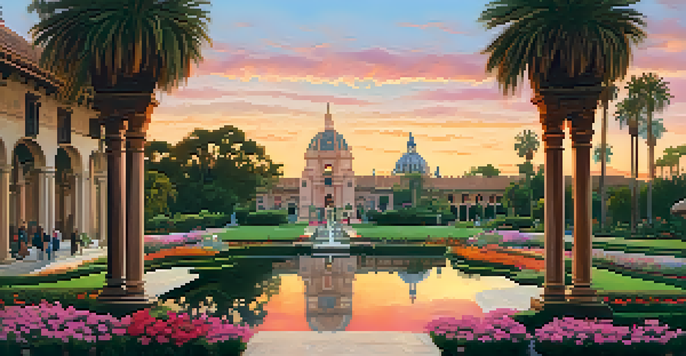 A scenic sunset view of Balboa Park, featuring gardens and historic architecture with people walking and relaxing.