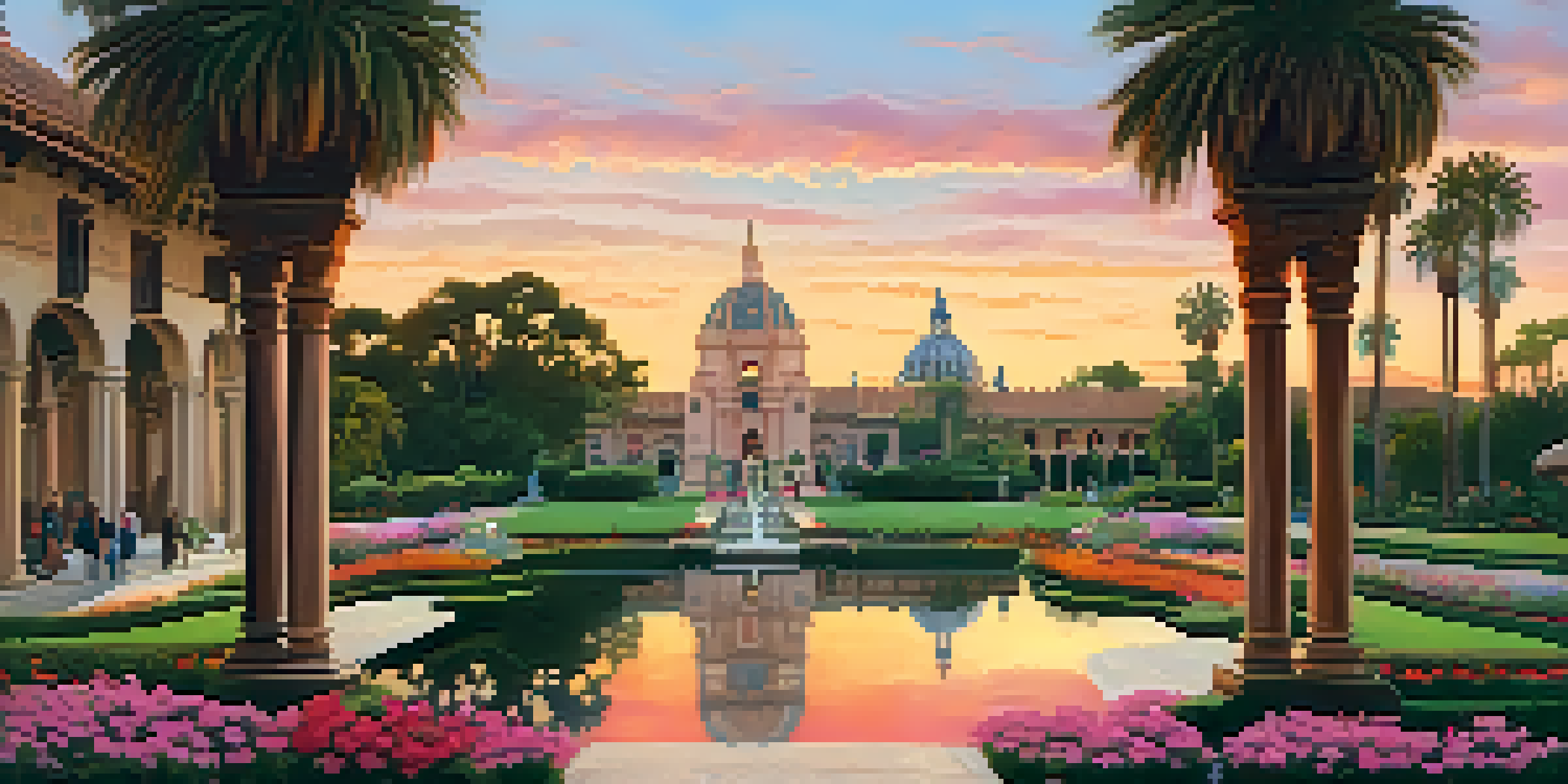 A scenic sunset view of Balboa Park, featuring gardens and historic architecture with people walking and relaxing.