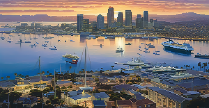 Aerial view of San Diego's skyline featuring the USS Midway Museum and a busy harbor at sunset.