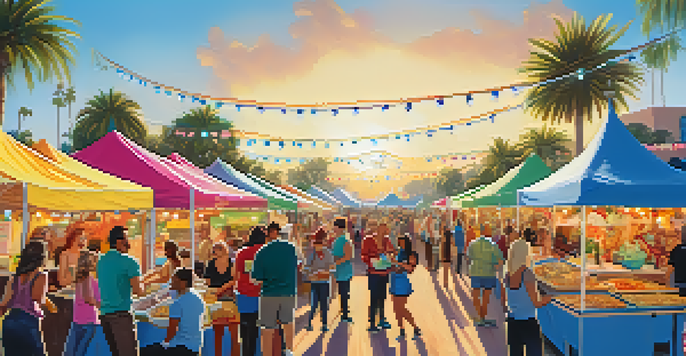 A lively outdoor vegan food festival featuring colorful food stalls and attendees enjoying various plant-based dishes, set against a sunny San Diego backdrop.