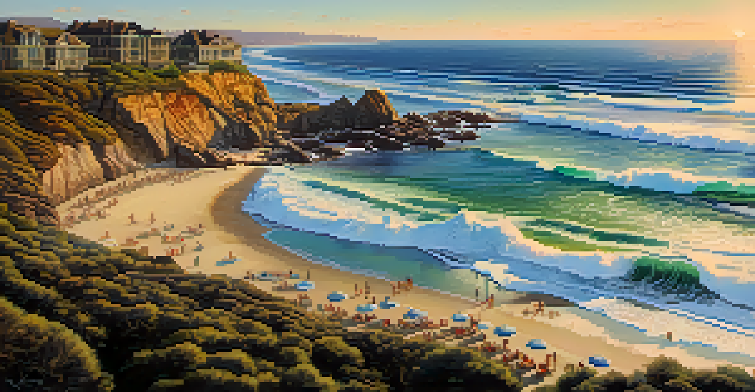 Aerial view of Windansea Beach with surfers and rocky outcrops during sunset.