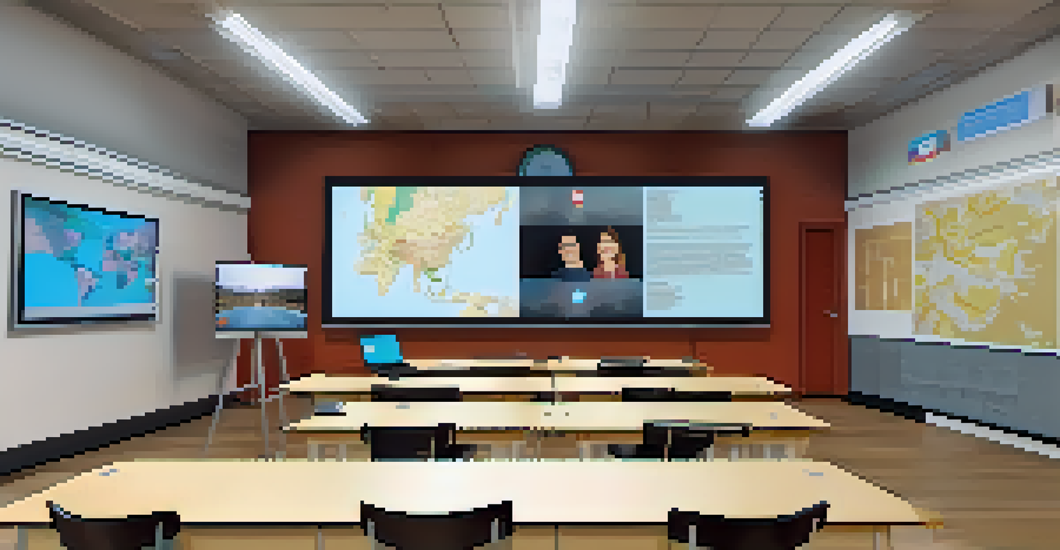 A teacher and students participating in a virtual exchange program, engaging with peers from another country on a laptop.