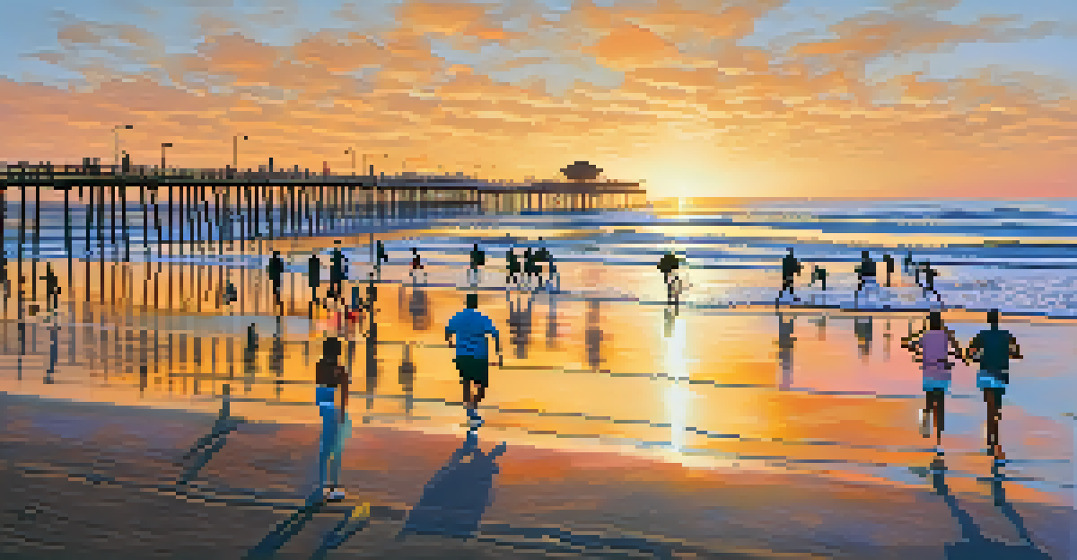 A lively sunrise at Mission Beach with joggers, cyclists, and surfers against a colorful sky and ocean.