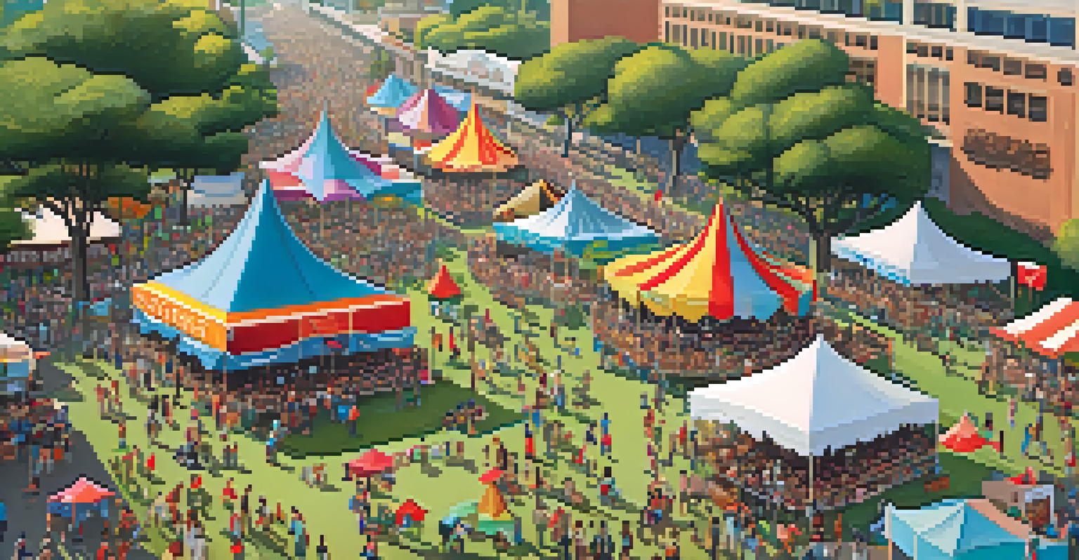 An aerial view of a bustling music festival in San Diego, showcasing a large crowd and vibrant stalls.