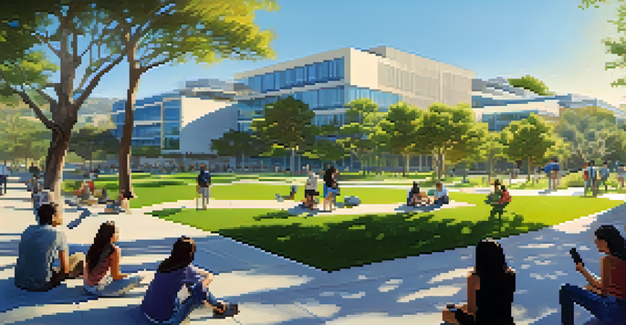 A panoramic view of UC San Diego's campus with students and greenery under a bright blue sky.