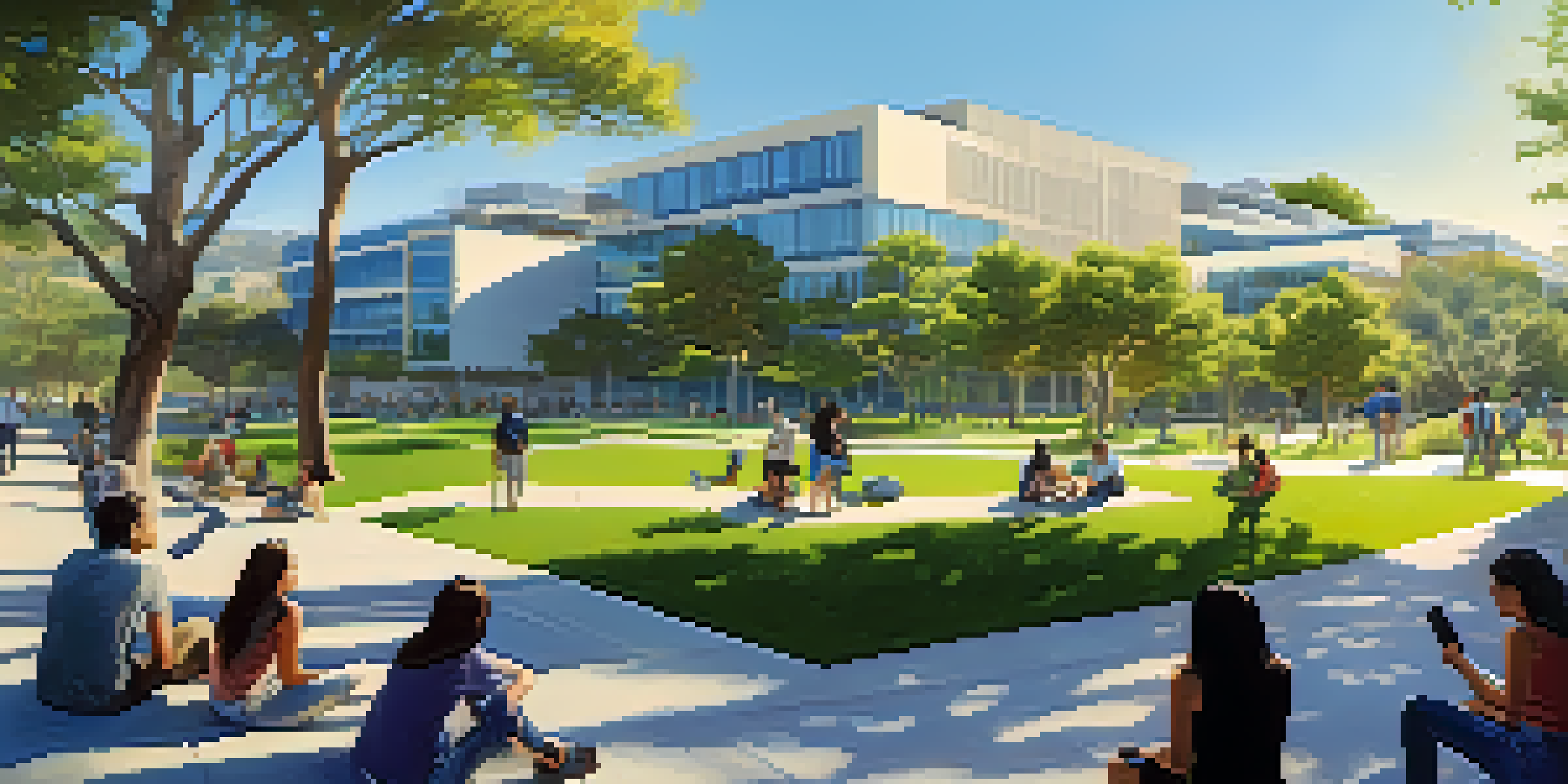 A panoramic view of UC San Diego's campus with students and greenery under a bright blue sky.