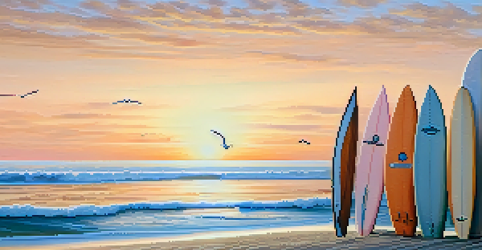 A peaceful beach at sunrise with wooden surfboards on the sand and calm ocean waves.
