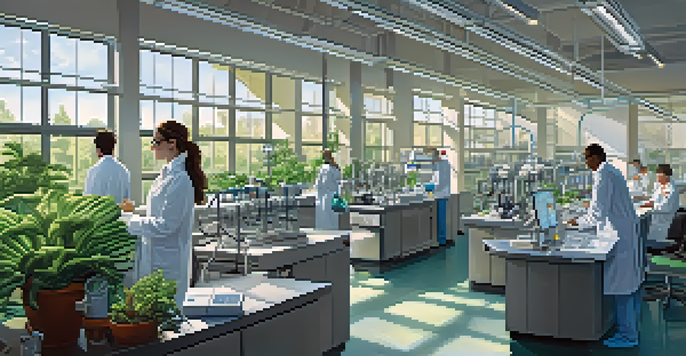 A vibrant biotechnology laboratory in San Diego with scientists analyzing genomic data and advanced equipment, illuminated by natural light.