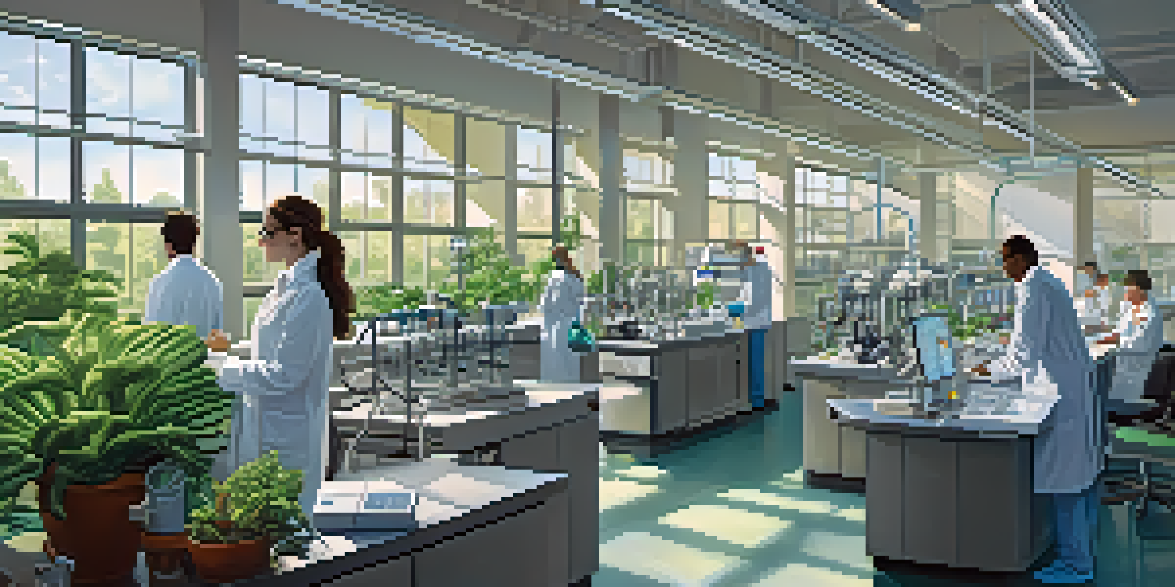 A vibrant biotechnology laboratory in San Diego with scientists analyzing genomic data and advanced equipment, illuminated by natural light.
