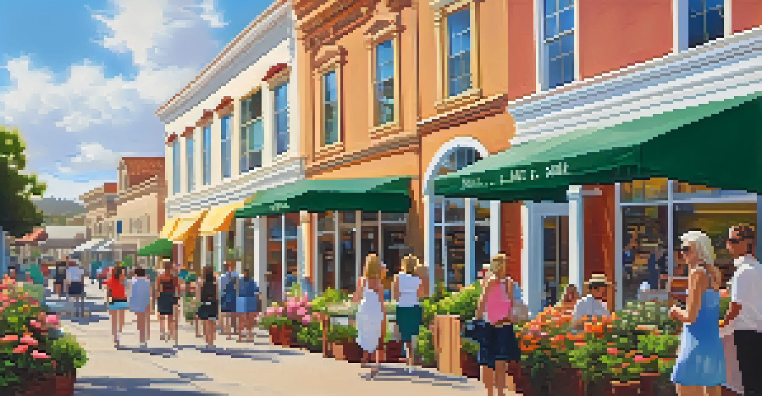 A lively outdoor shopping scene at Liberty Station with restored buildings, shoppers, and greenery.