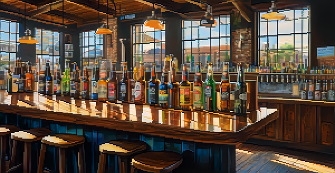 A lively scene inside a San Diego brewery with various craft beers on a bar, colorful brewery tanks in the background, and sunlight streaming in.
