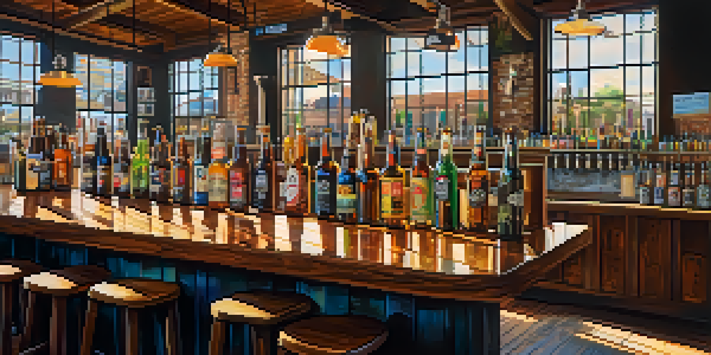 A lively scene inside a San Diego brewery with various craft beers on a bar, colorful brewery tanks in the background, and sunlight streaming in.