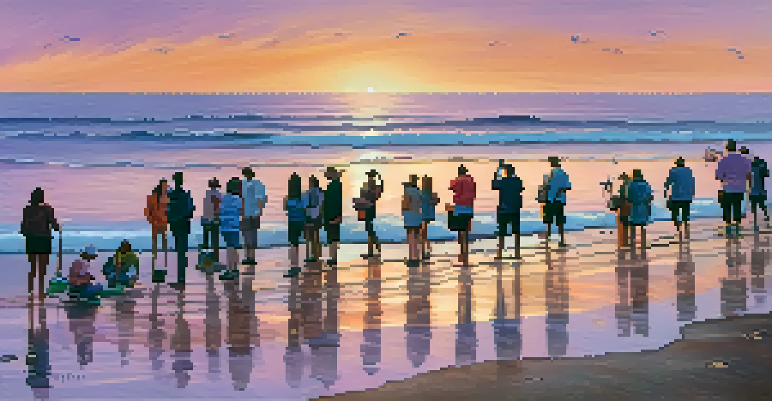 A sunset view of a San Diego beach where people are engaged in a clean-up activity, with colorful skies and gentle waves.