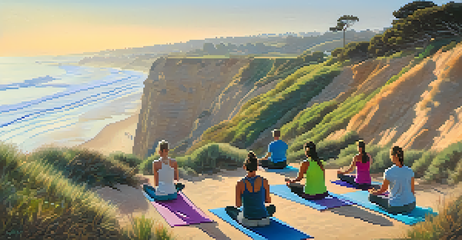 Participants practicing yoga on a cliff at Torrey Pines State Natural Reserve, with ocean views and coastal flora in the background.