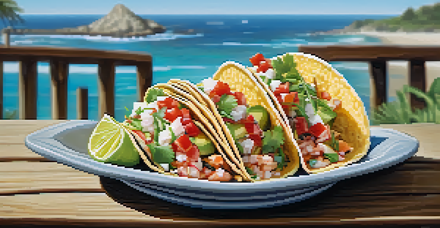A beautifully plated seafood dish of fresh fish tacos with colorful garnishes on a rustic table, with a beach view in the background.
