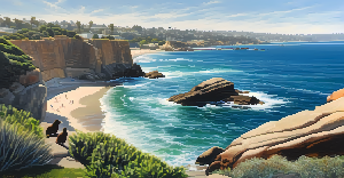 A stunning coastal view of La Jolla Cove with cliffs, clear waters, and sunbathing sea lions.