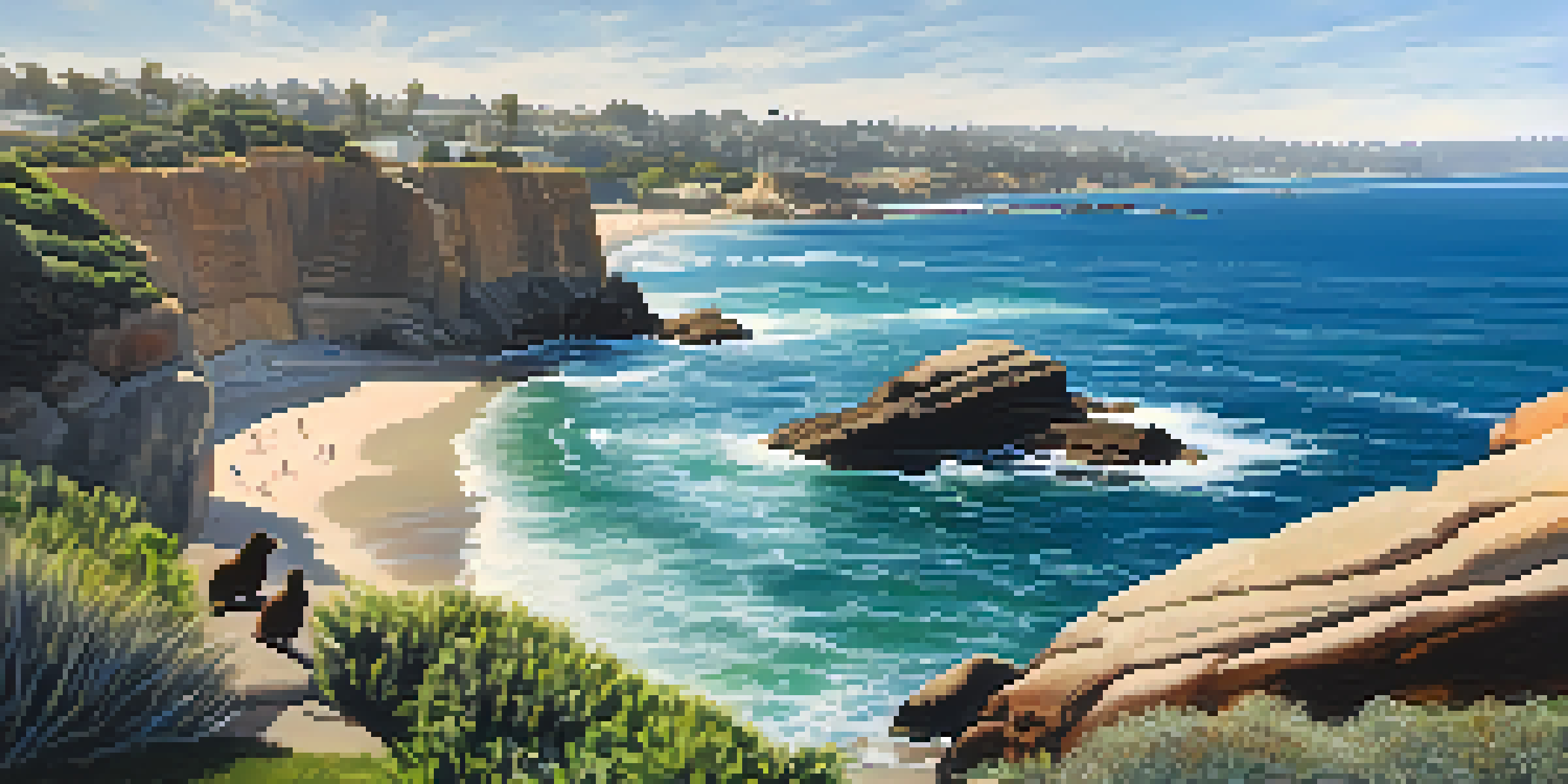 A stunning coastal view of La Jolla Cove with cliffs, clear waters, and sunbathing sea lions.