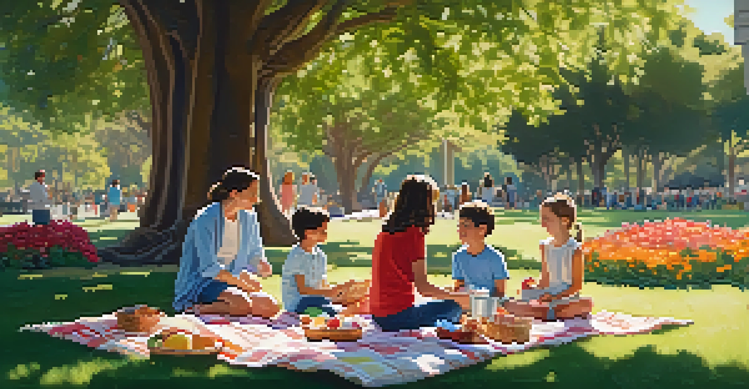 Families enjoying a picnic on a grassy lawn in Balboa Park under a shady tree, with children playing and a picnic basket on a colorful blanket.