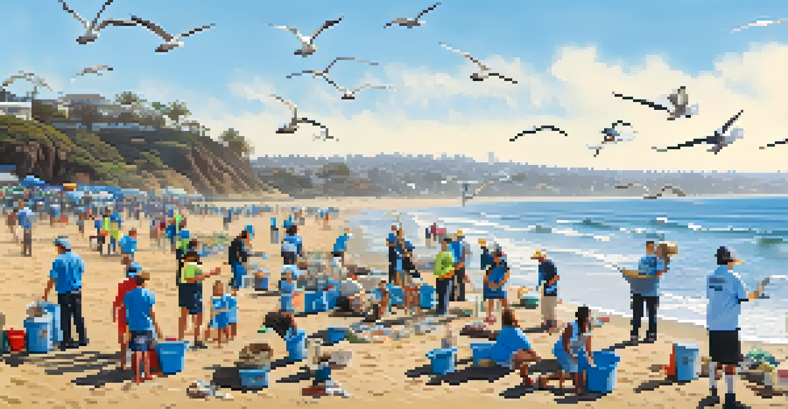 Volunteers participating in a beach clean-up event along the San Diego shoreline, with the Pacific Ocean in the background and a clear blue sky.