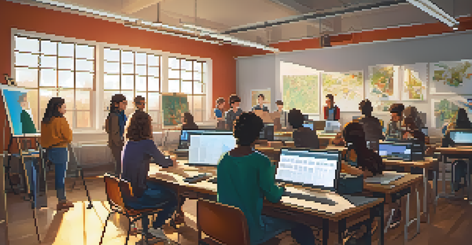 A classroom scene with diverse students working together on a film project, surrounded by cameras and lighting equipment.