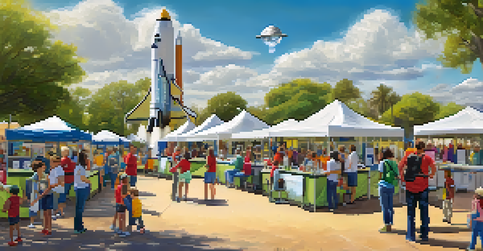 Families and children participating in a community outreach event in a park, interacting with science exhibits about space exploration, under a sunny sky.