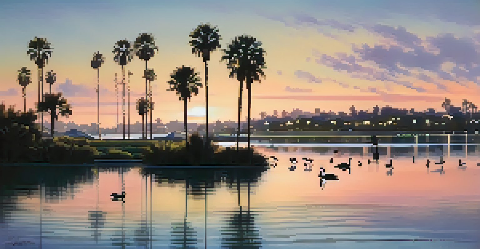 A sunset view of Mission Bay Park with ducks and herons by the water's edge and vibrant pastel colors in the sky.