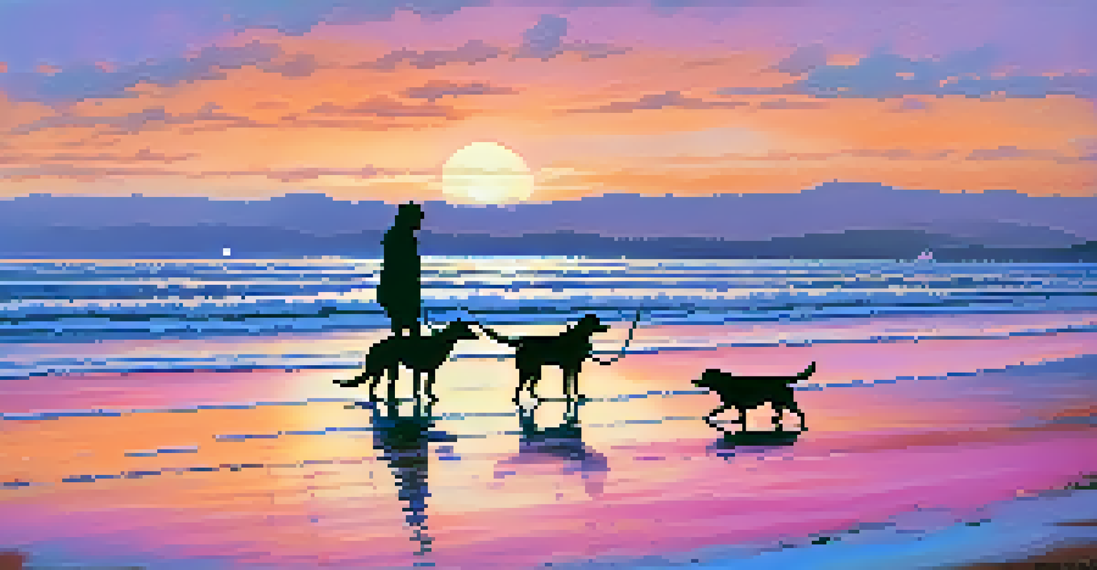 A beautiful sunset over Ocean Beach with dogs and their owners walking along the shore, the sky filled with warm colors.