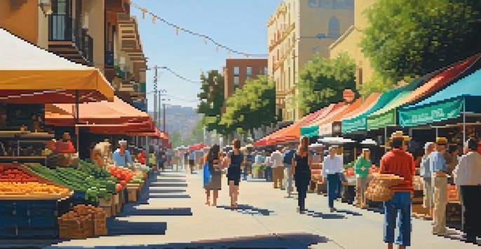 A bustling street market in Little Italy, San Diego, with colorful stalls of fresh produce and people enjoying the atmosphere.