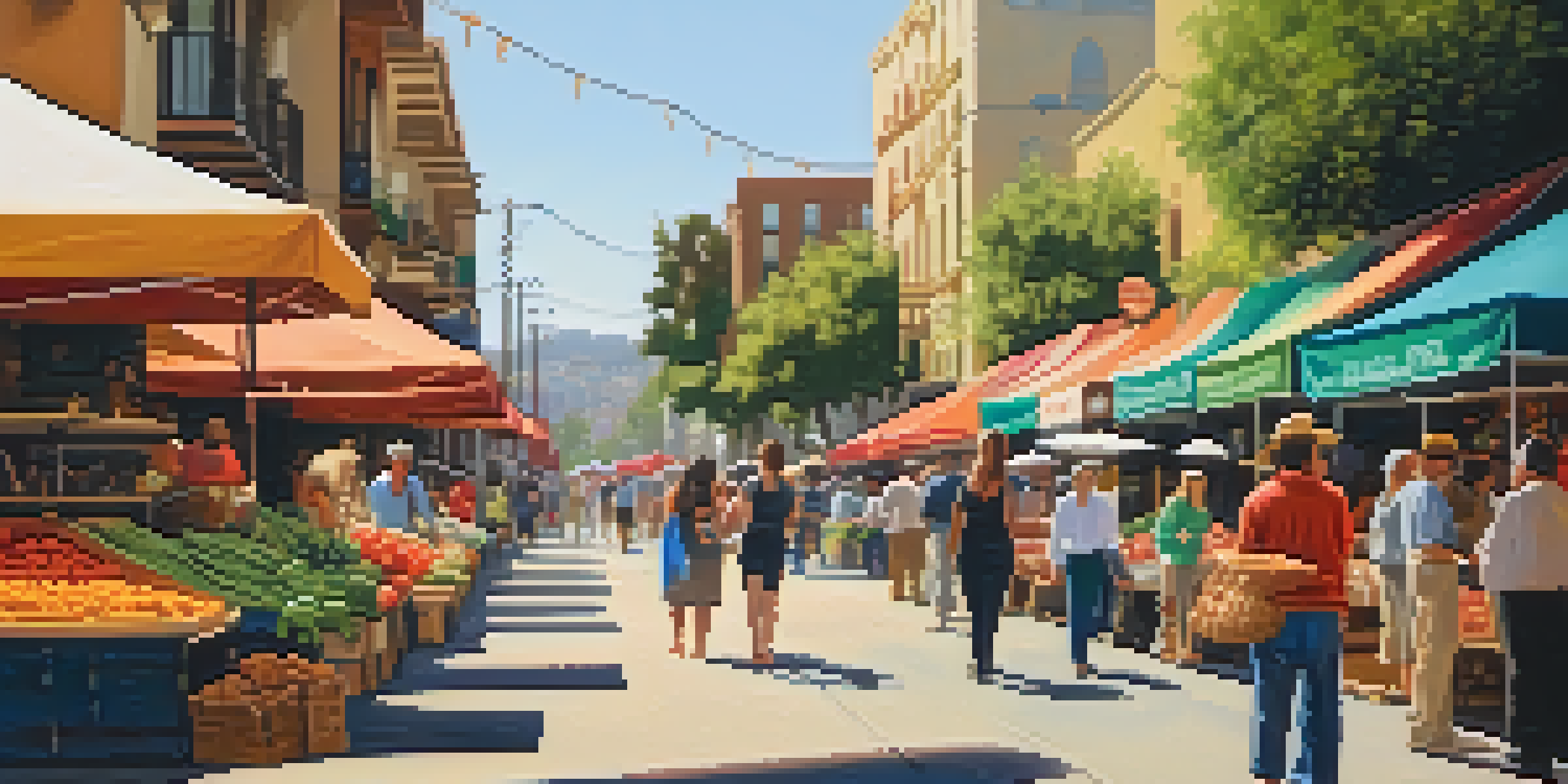 A bustling street market in Little Italy, San Diego, with colorful stalls of fresh produce and people enjoying the atmosphere.