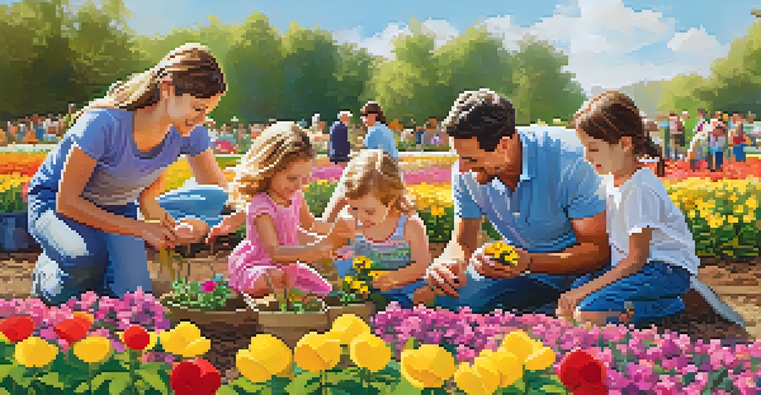 A family planting seeds at a flower festival, surrounded by colorful flowers and joyful expressions.