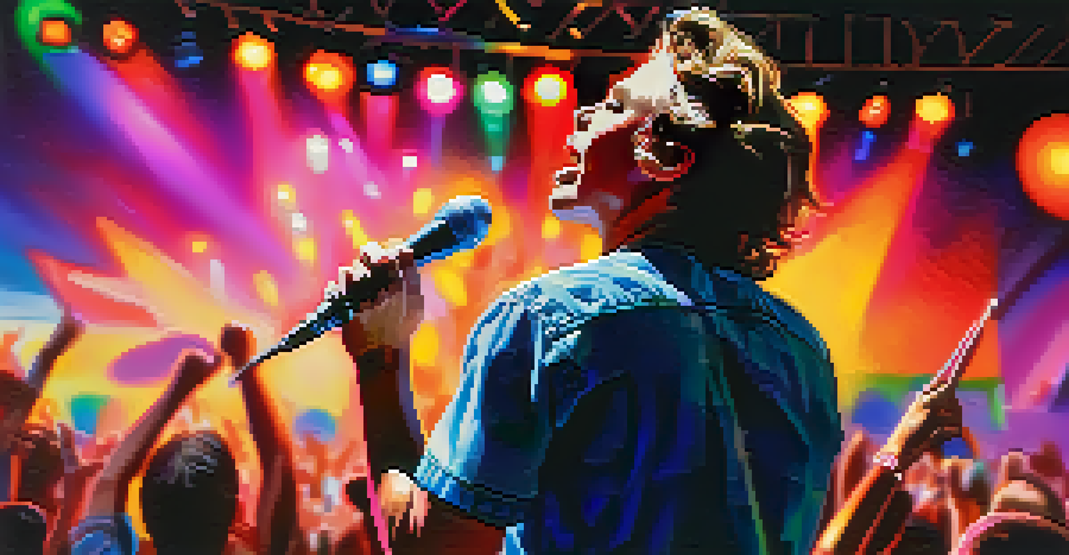 A local artist performing passionately on stage at a San Diego music festival, surrounded by an enthusiastic audience.
