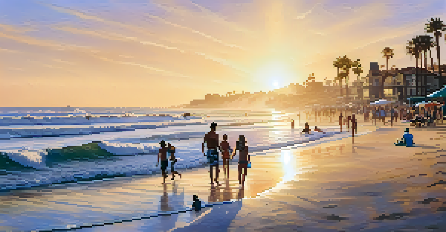 A summer beach scene in San Diego with surfers, families on the sand, and a sunset over the ocean.