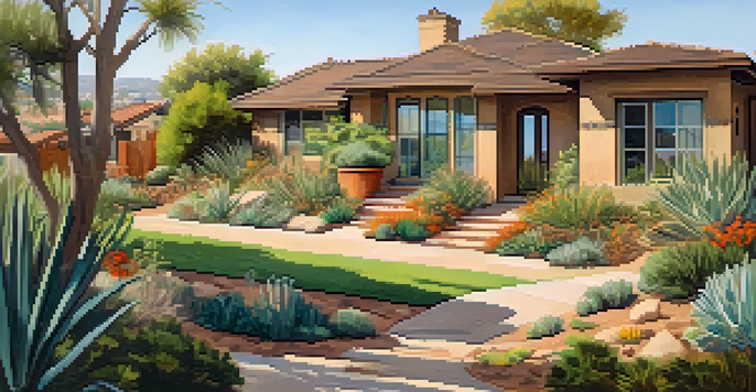 A sunny San Diego neighborhood featuring drought-resistant landscaping with native plants, modern homes, and sustainable water-saving features.