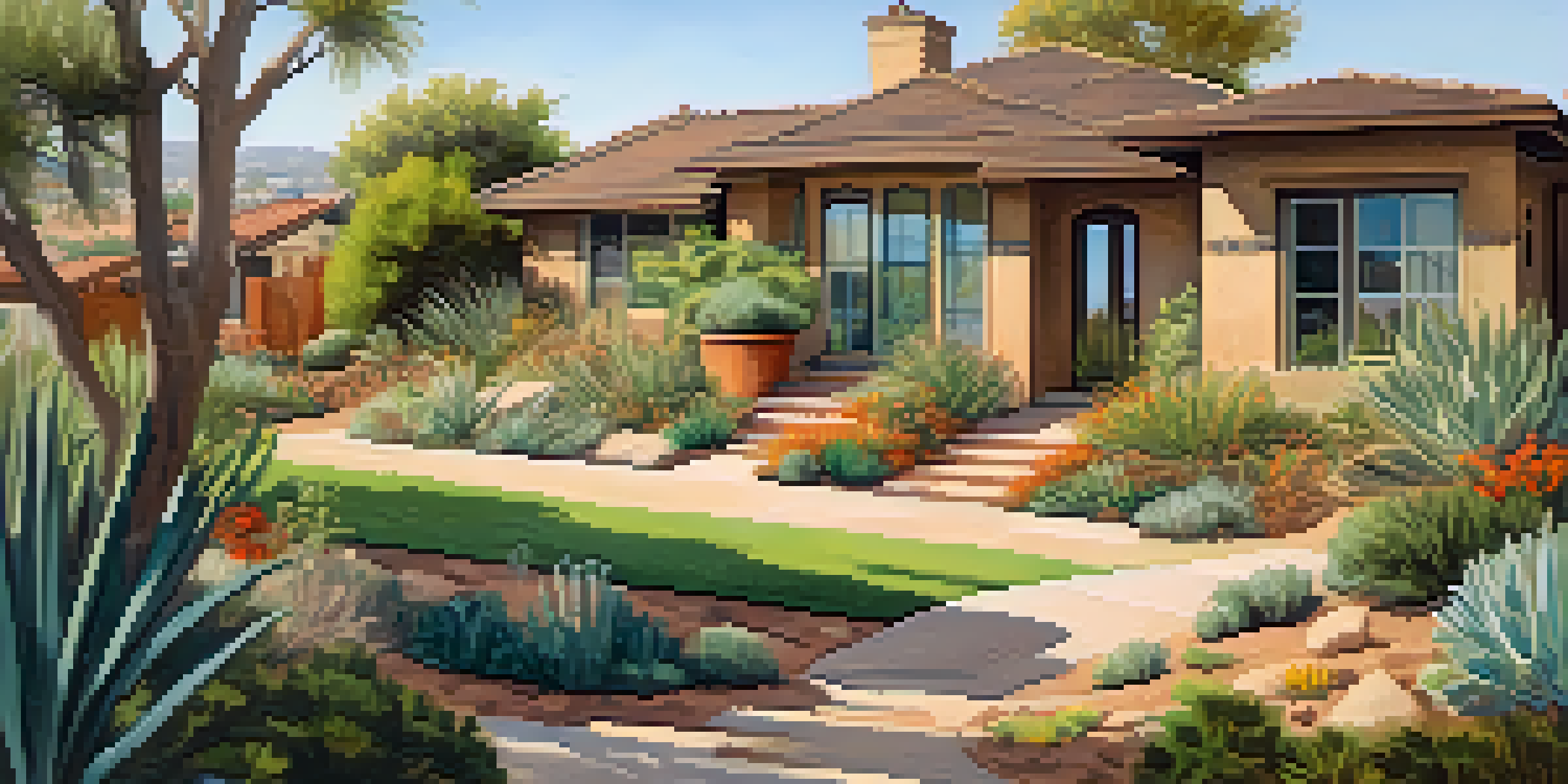 A sunny San Diego neighborhood featuring drought-resistant landscaping with native plants, modern homes, and sustainable water-saving features.