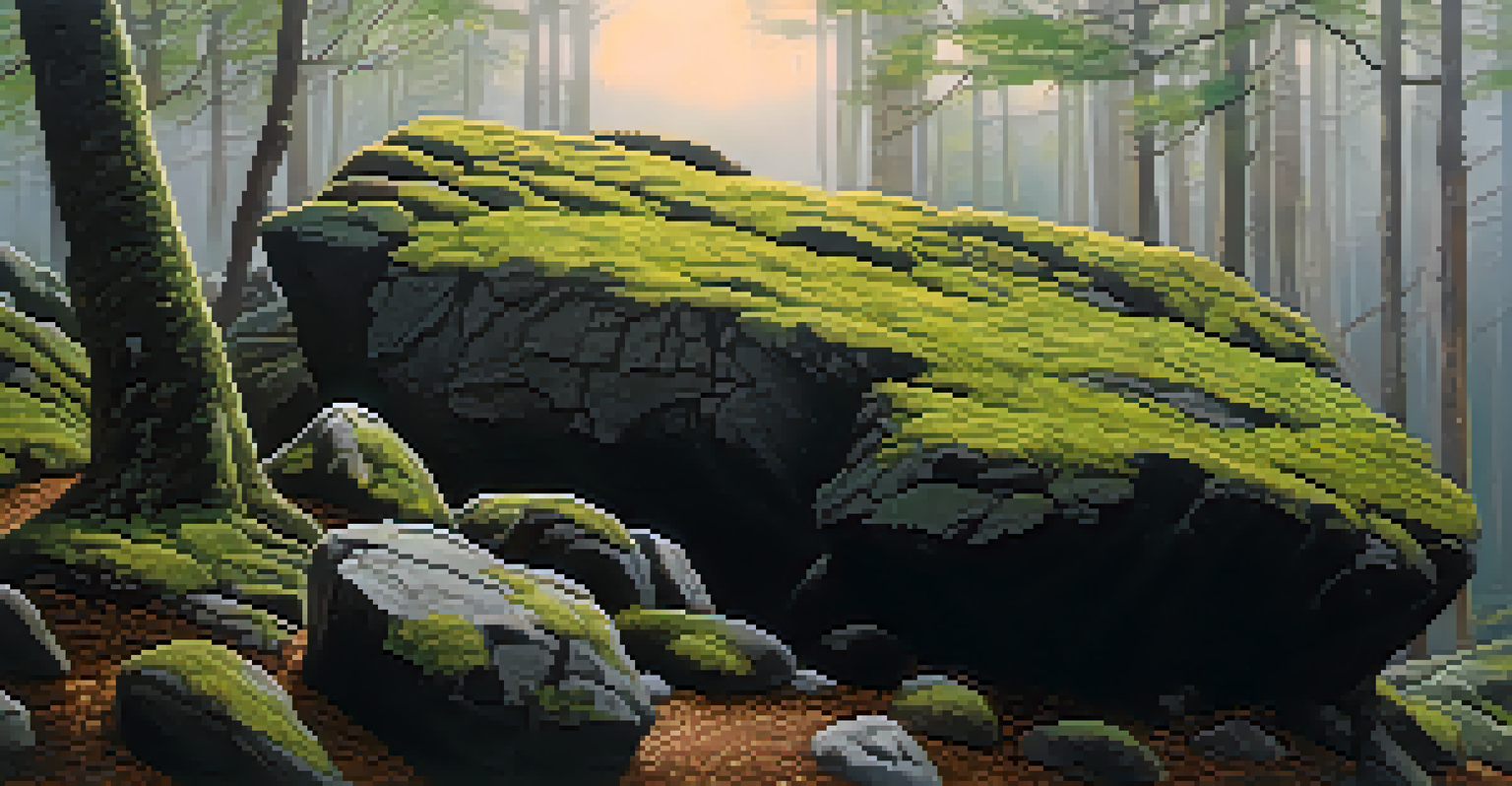 A close-up of a moss-covered rocky outcrop on Black Mountain with shadows of trees in the background.
