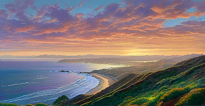 A panoramic view from Cabrillo National Monument showing the San Diego skyline and the Pacific Ocean at sunset, with colorful skies and green hills in the foreground.