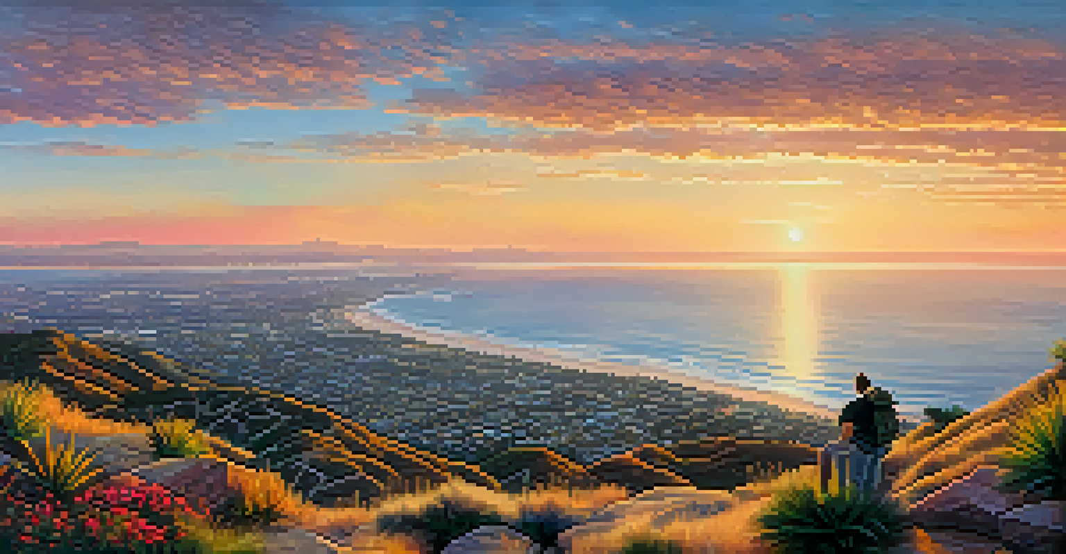 A panoramic view from Mount Soledad at sunrise, with the sun rising over the ocean and city skyline, and a memorial in the foreground.