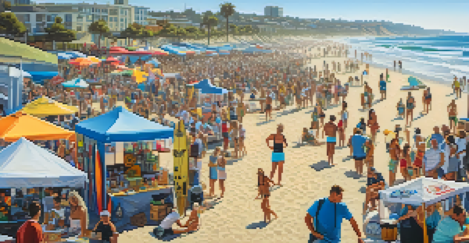 An outdoor art festival with artists and surfers at the beach.