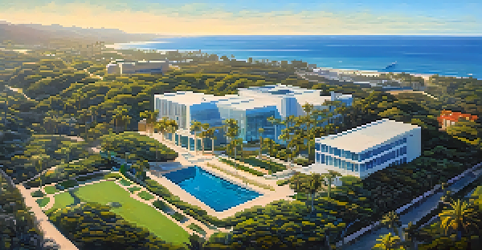 Aerial view of Scripps Institution of Oceanography with modern buildings and the Pacific Ocean in the background, under sunlight.