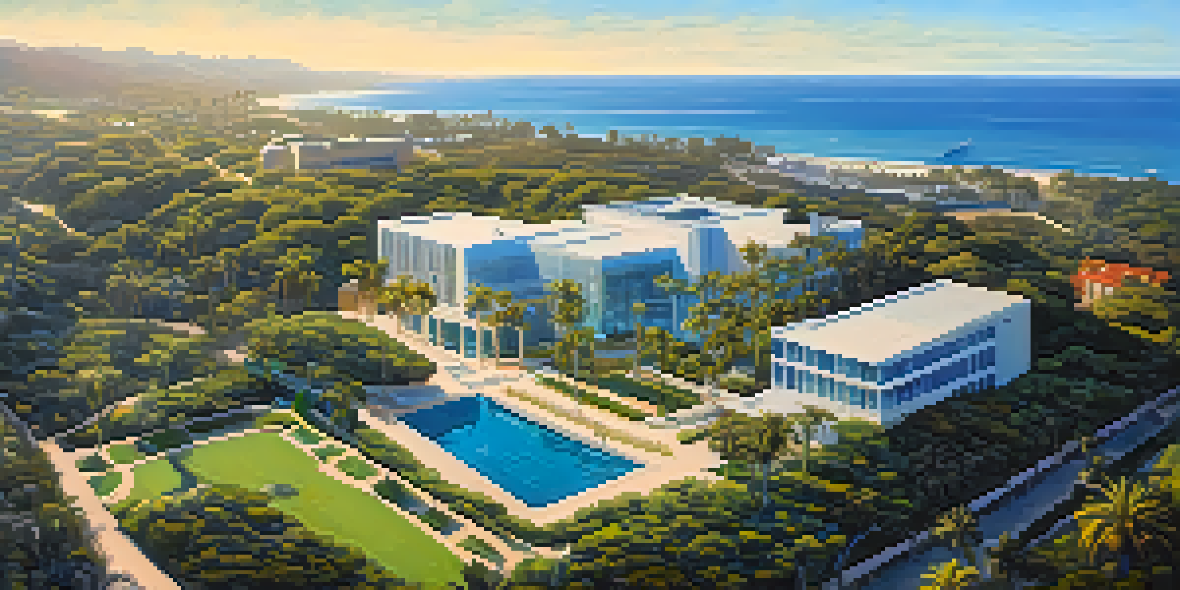 Aerial view of Scripps Institution of Oceanography with modern buildings and the Pacific Ocean in the background, under sunlight.
