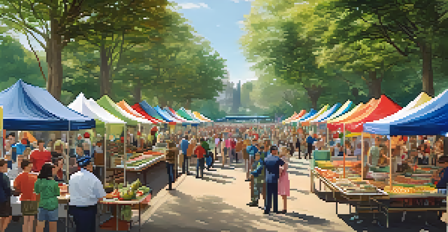 Community event with military personnel and families enjoying activities in a park, featuring colorful banners and food stalls.