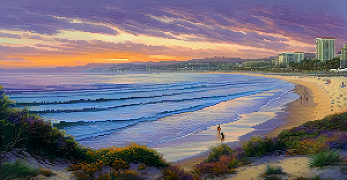 A panoramic view of San Diego's coastline at sunset, featuring a sandy beach, gentle waves, and cliffs with greenery.