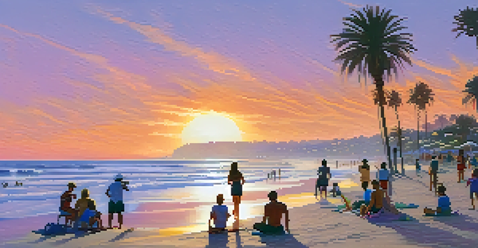 A sunset view of a San Diego beach with families picnicking and surfers in the water, framed by palm trees.